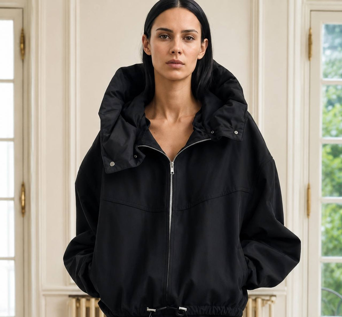 Oversized High Collar Zip-Up Jacket with Wide Long Sleeves and Relaxed Fit