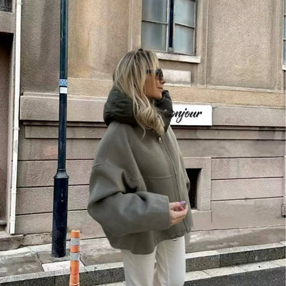 Oversized High Collar Zip-Up Jacket with Wide Long Sleeves and Relaxed Fit