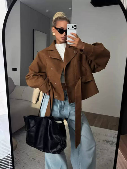 Oversized Suede Moto Jacket with Wide Lapel Collar, Long Sleeves and Belt Detail
