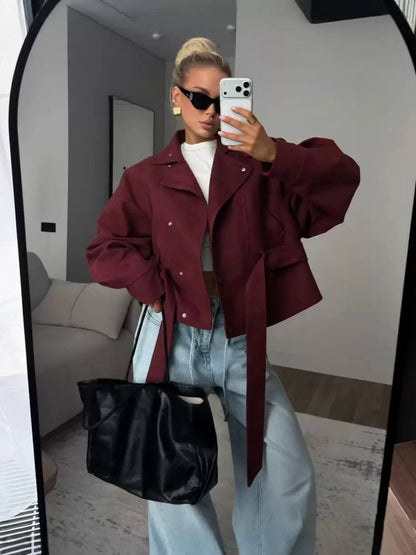 Oversized Suede Moto Jacket with Wide Lapel Collar, Long Sleeves and Belt Detail