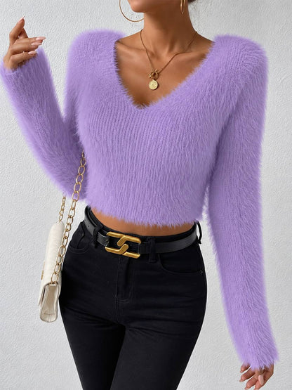 Women’s Fluffy V-Neck Sweater | Cropped Long Sleeve Knit Top