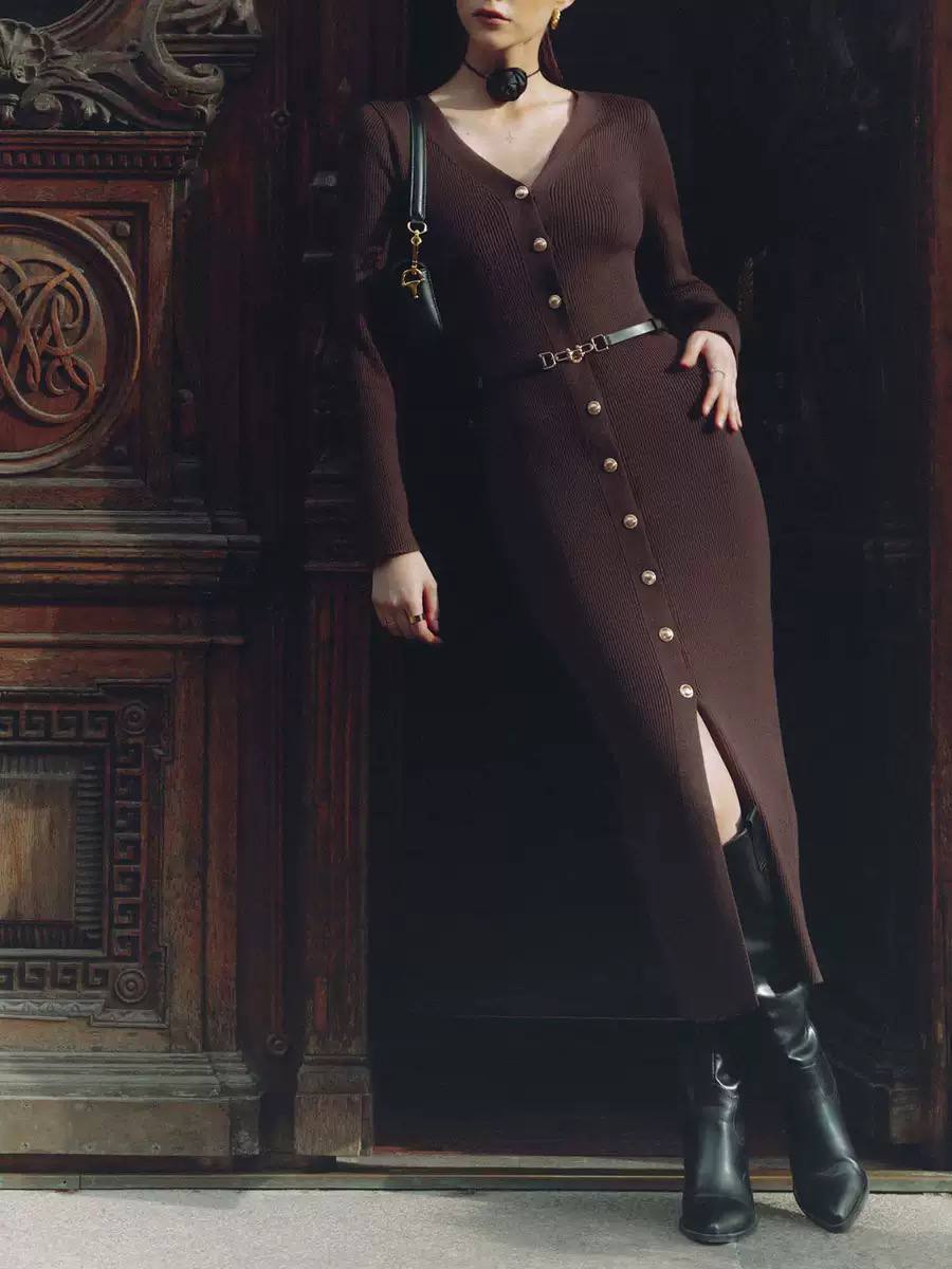 Elegant V-Neck Button Front Belted Knit Midi Dress
