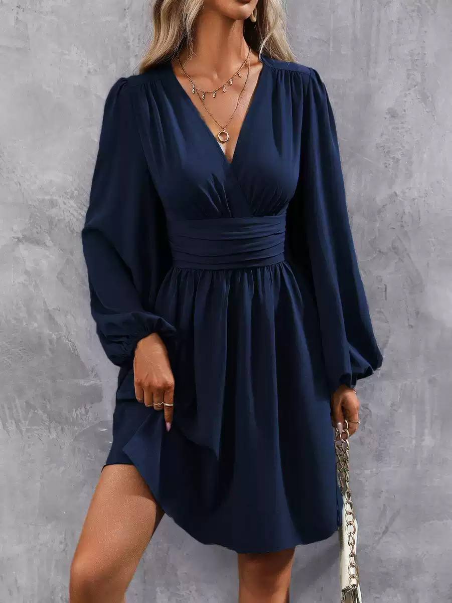 Women’s Elegant V-Neck Ruched Waist Long Sleeve A-Line Dress