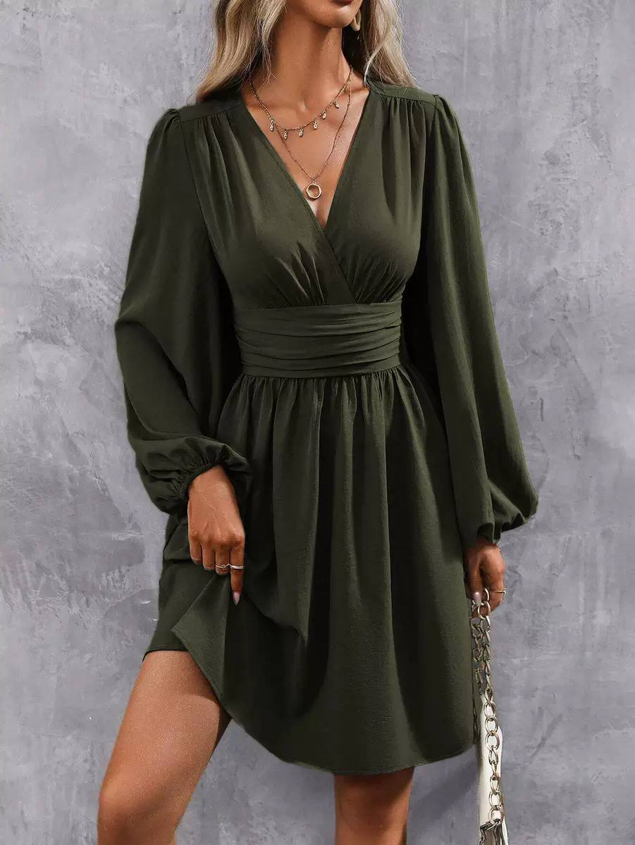 Women’s Elegant V-Neck Ruched Waist Long Sleeve A-Line Dress