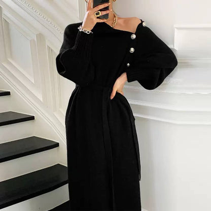 Women’s Elegant High Neck Button Detail Belted Knit Midi Dress