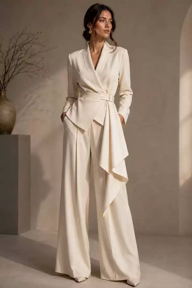 Women’s Elegant Wrap-Front Blazer & Wide-Leg Trousers Set