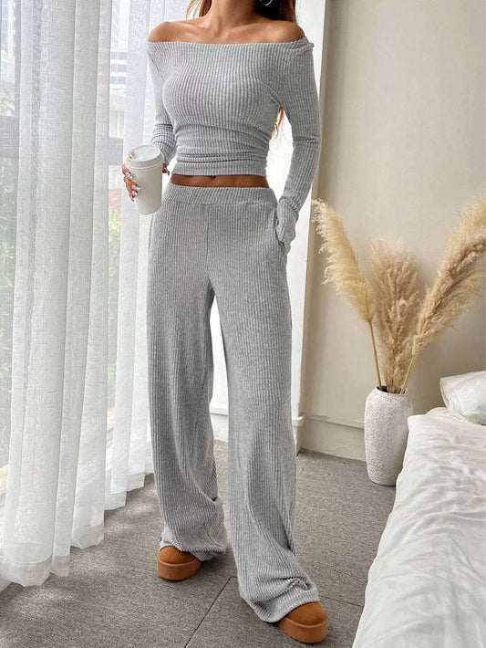 Women’s Off-Shoulder Ribbed Knit Top & Wide-Leg Trousers Set