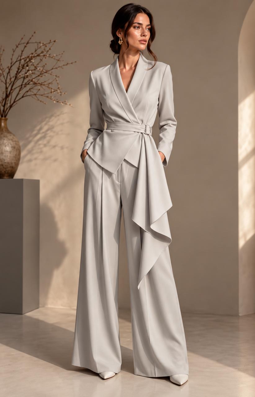 Women’s Elegant Wrap-Front Blazer & Wide-Leg Trousers Set