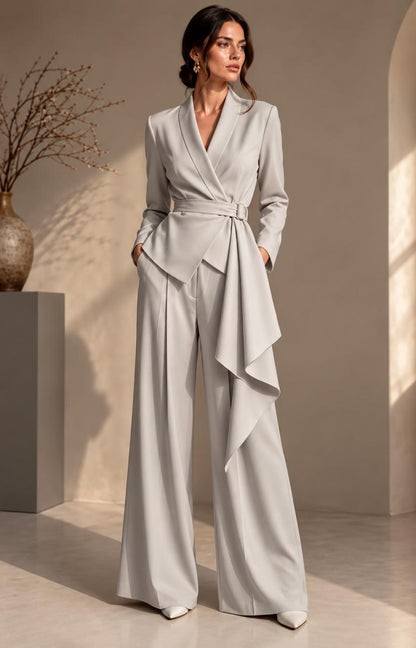 Women’s Elegant Wrap-Front Blazer & Wide-Leg Trousers Set