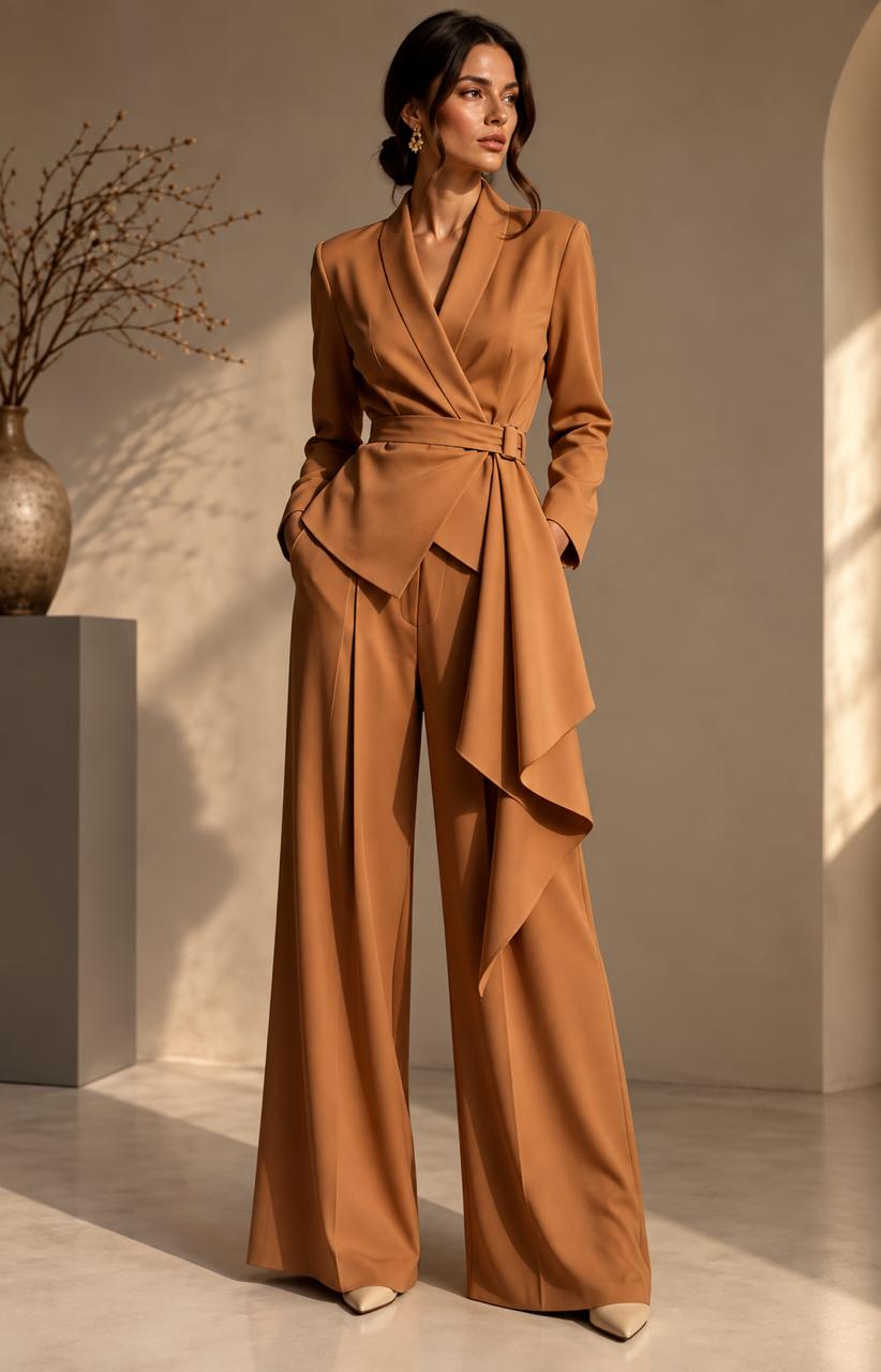 Women’s Elegant Wrap-Front Blazer & Wide-Leg Trousers Set