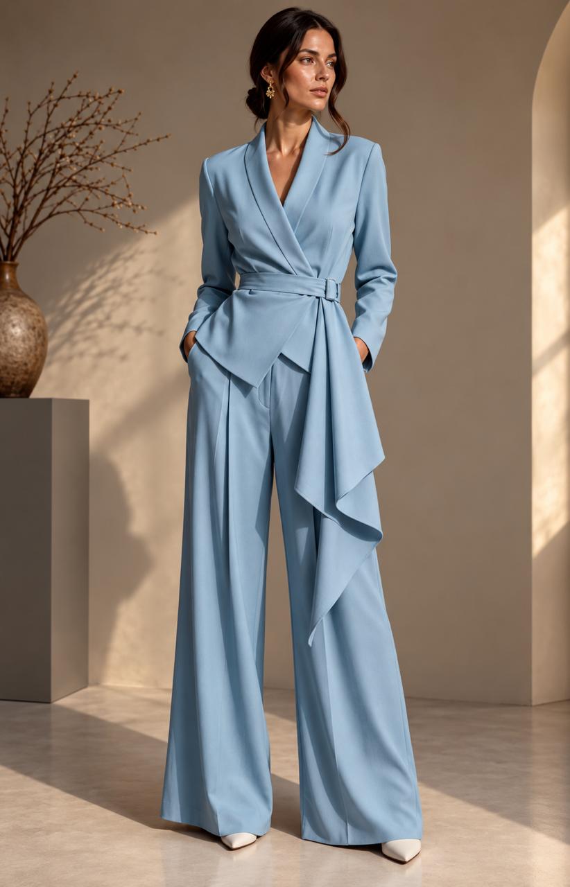 Women’s Elegant Wrap-Front Blazer & Wide-Leg Trousers Set