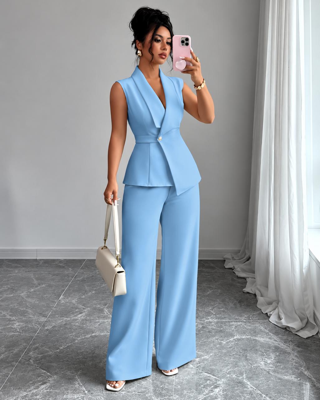 Women’s Sleeveless Tailored Blazer & Wide-Leg Trousers Suit Set