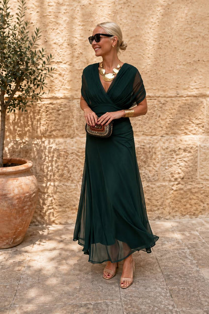 Women's Chiffon V-Neck Elegant Flowy Maxi Dress