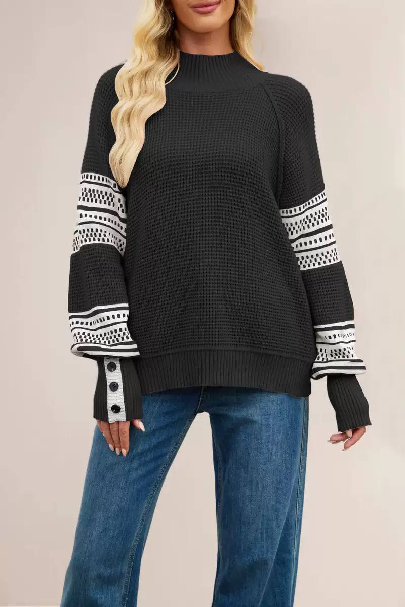Women's Patterned-Sleeve High-Neck Knit Jumper – additional product image