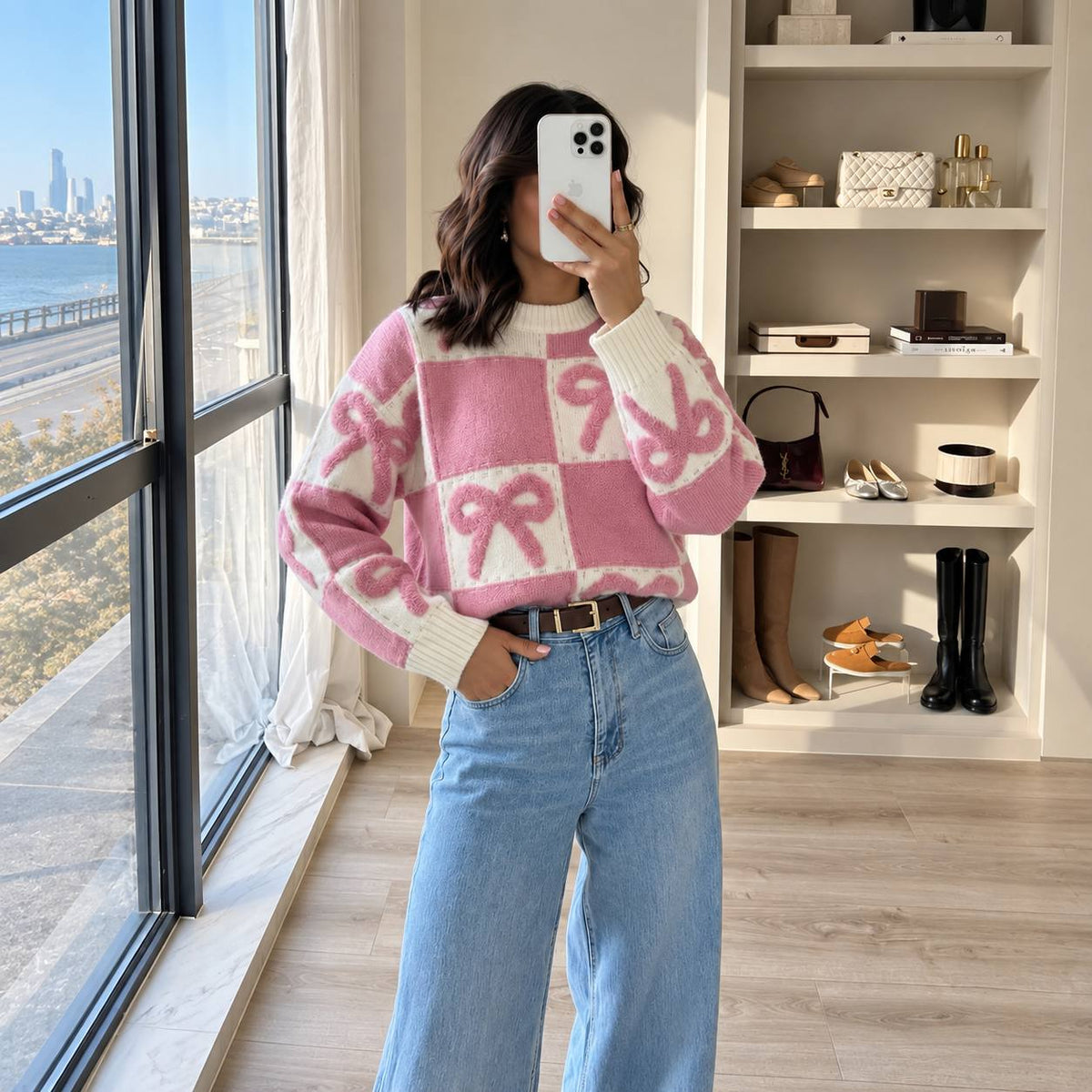 Women's Bow-Motif Check Relaxed Knit Jumper – Pink & Ivory