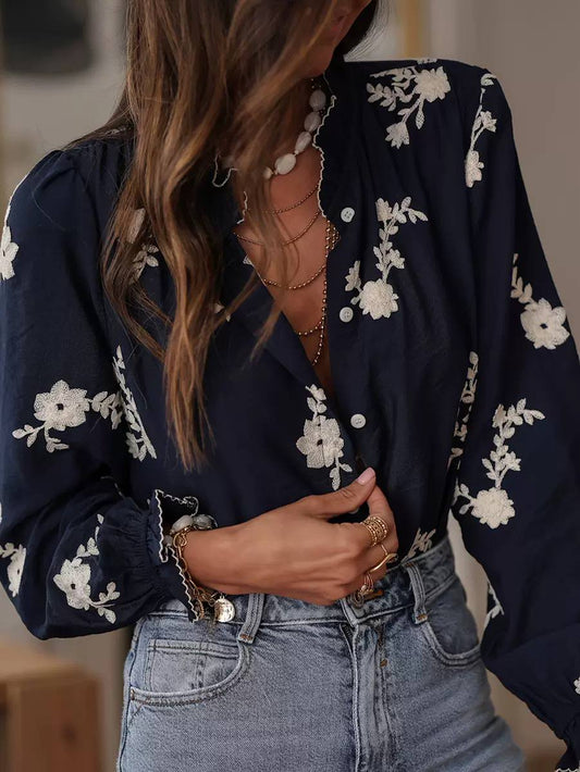 Women's Floral-Embroidered Button-Front Blouse – Navy