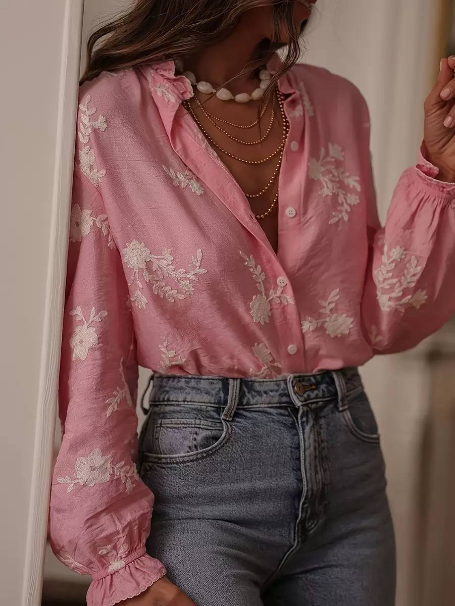 Women's Floral-Embroidered Button-Front Blouse – Pink