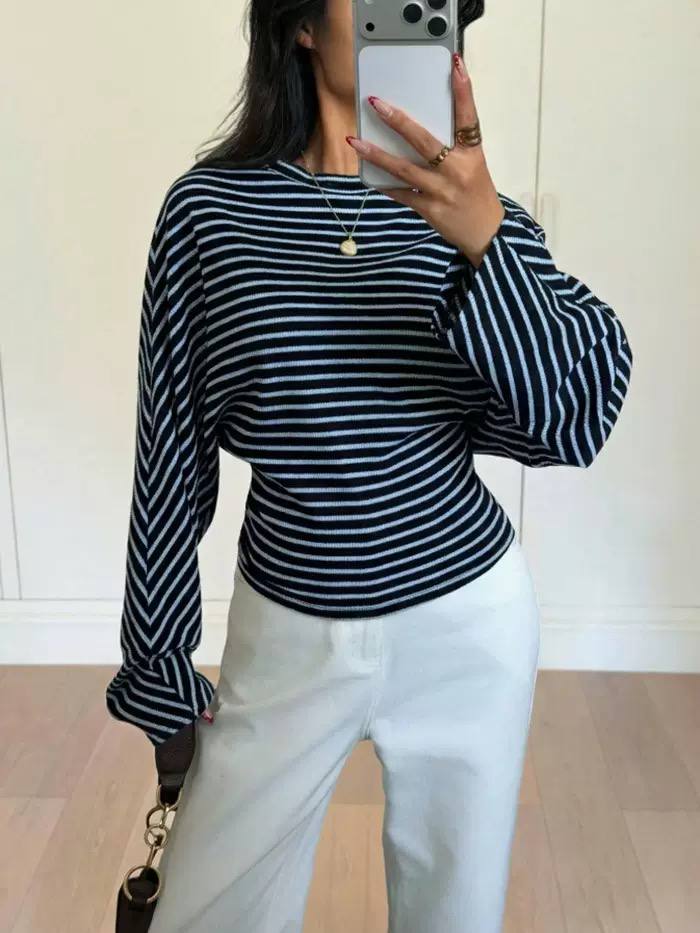 Women's Striped Shaped-Waist Balloon-Sleeve Top – Navy Stripe