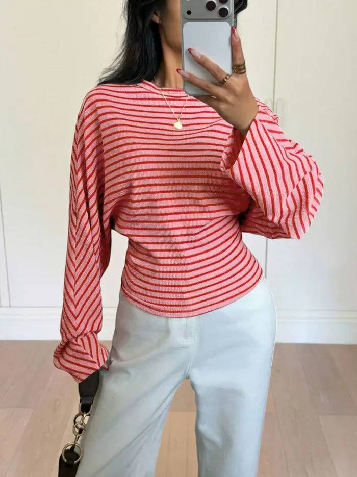Women's Striped Shaped-Waist Balloon-Sleeve Top – Red Stripe