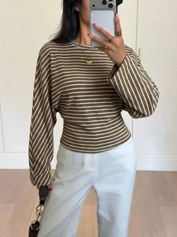 Women's Striped Shaped-Waist Balloon-Sleeve Top – Taupe Stripe