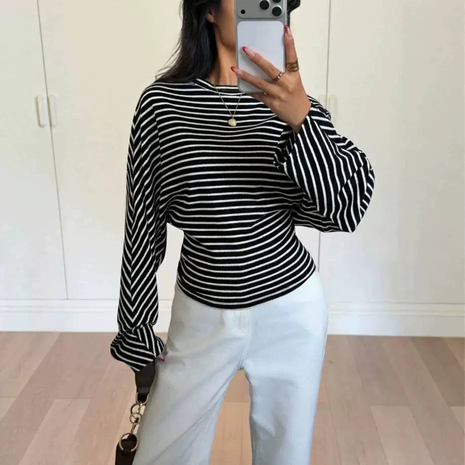 Women's Striped Shaped-Waist Balloon-Sleeve Top – Black Stripe