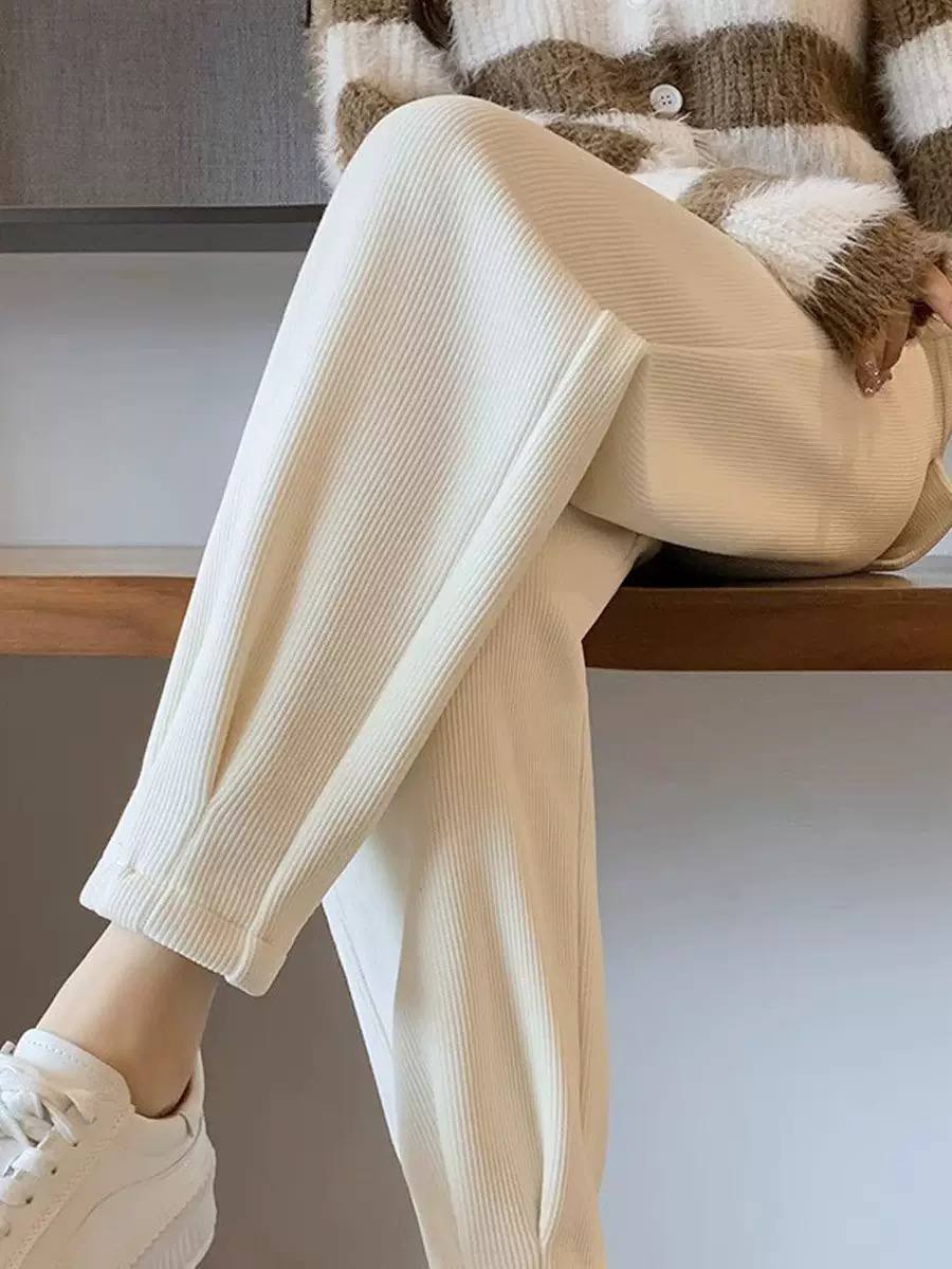 Women's Elastic-Waist Tapered Corduroy Trousers – Ivory
