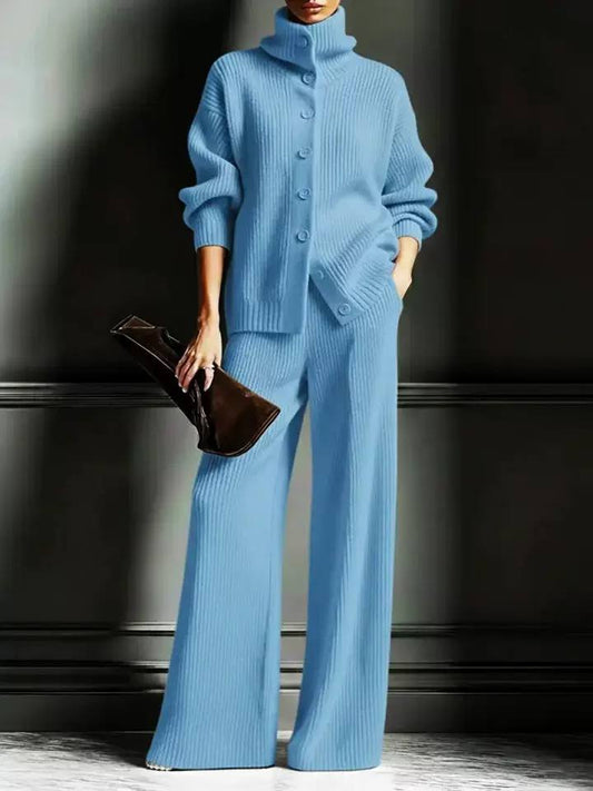 Women’s Ribbed Knit Two-Piece Top and Wide-Leg Trouser Set - Light Blue