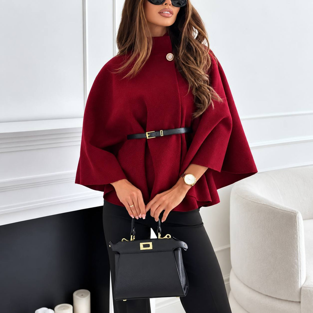 Women’s Belted Cape Sleeve Short Jacket - Burgundy