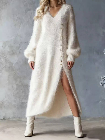 Women’s Textured V-Neck Button Detail Maxi Dress - White