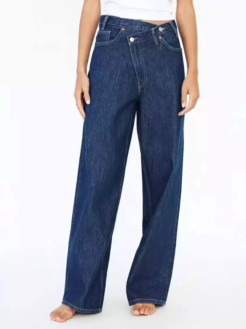 Women’s Asymmetric Waist Wide-Leg Cotton Jeans - Dark Blue
