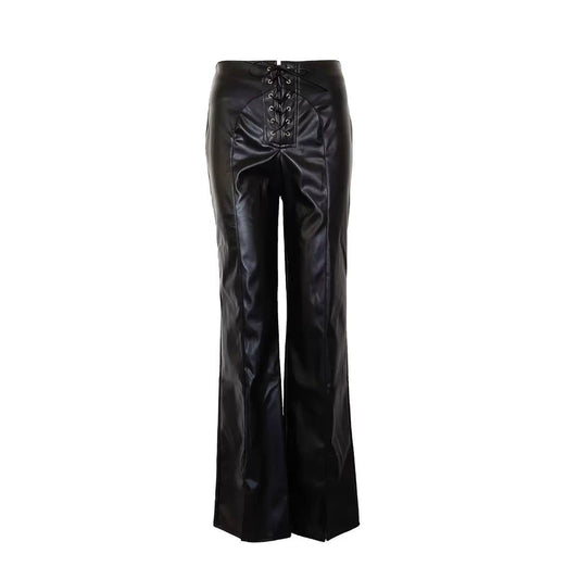 Women’s Lace-Up High-Waist Wide-Leg Faux-Leather Trousers - Black