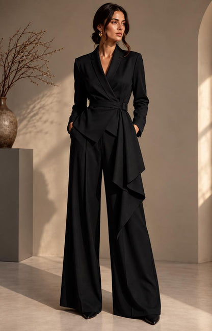 Women’s Elegant Wrap-Front Blazer & Wide-Leg Trousers Set