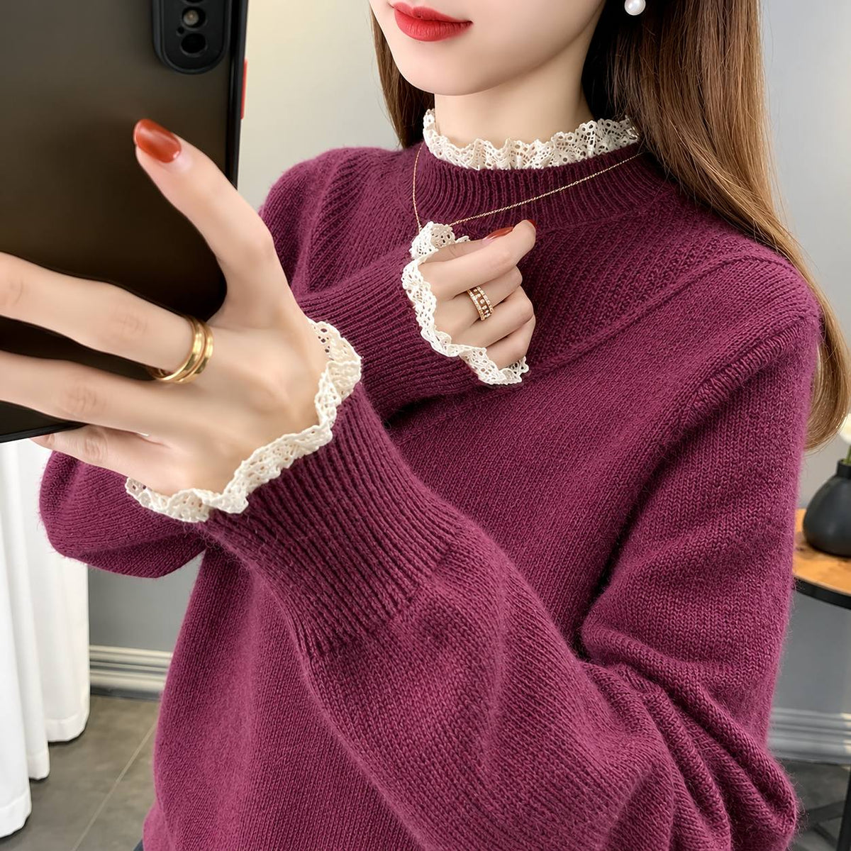 Women's Lace-Trim Relaxed Knit Jumper - Burgundy