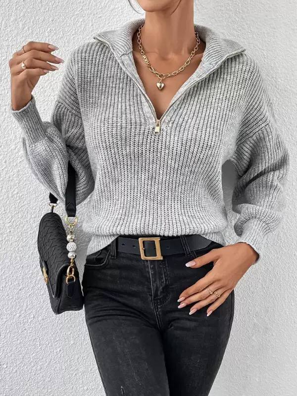 Women's Relaxed Quarter-Zip Knit Jumper - Light Grey