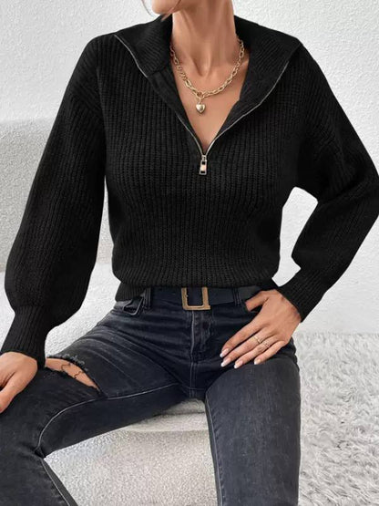 Women's Relaxed Quarter-Zip Knit Jumper - Light Grey