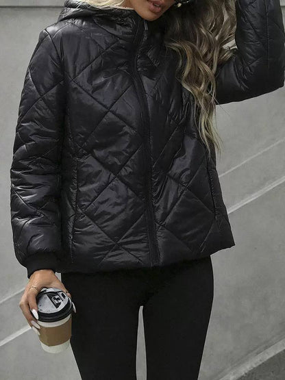 Women's Quilted Hooded Jacket with Teddy Lining - Black