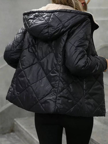 Women's Quilted Hooded Jacket with Teddy Lining - Black