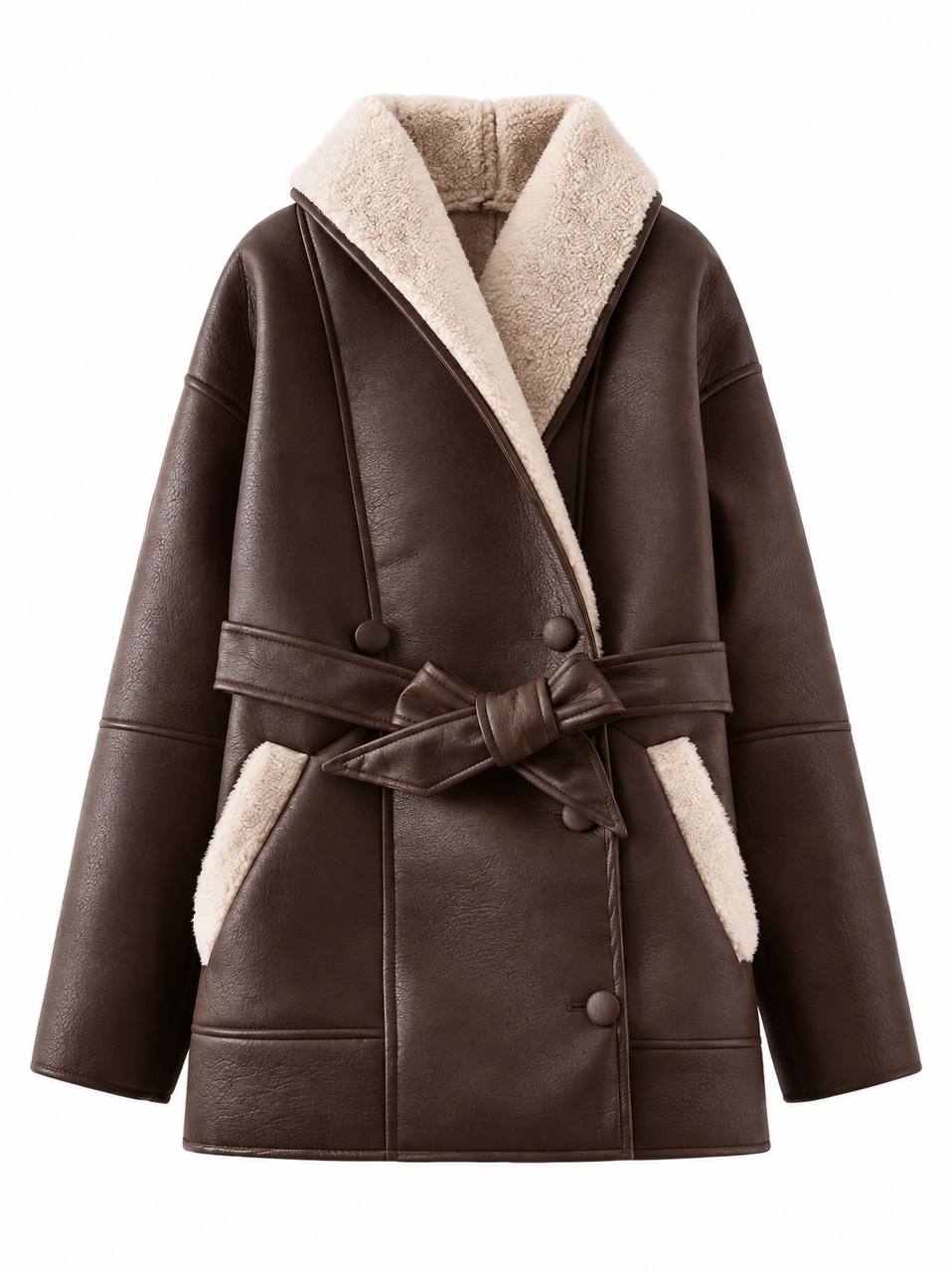 Women's Belted Shearling-Lined Faux-Leather Coat - Brown