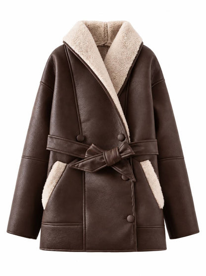 Women's Belted Shearling-Lined Faux-Leather Coat - Brown