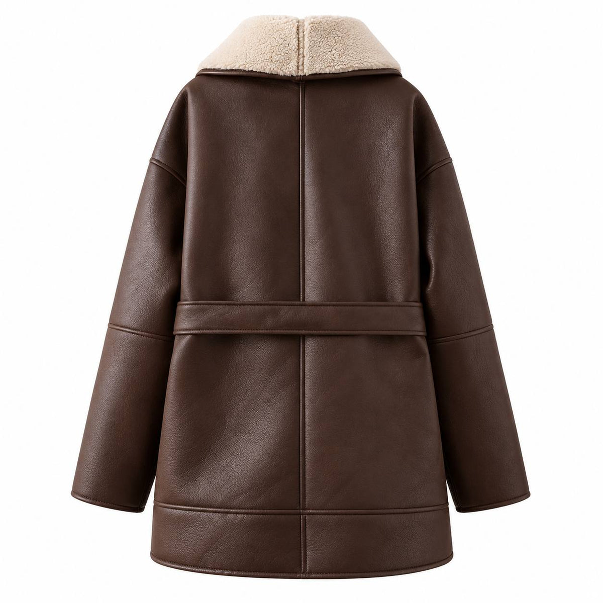 Women's Belted Shearling-Lined Faux-Leather Coat - Brown