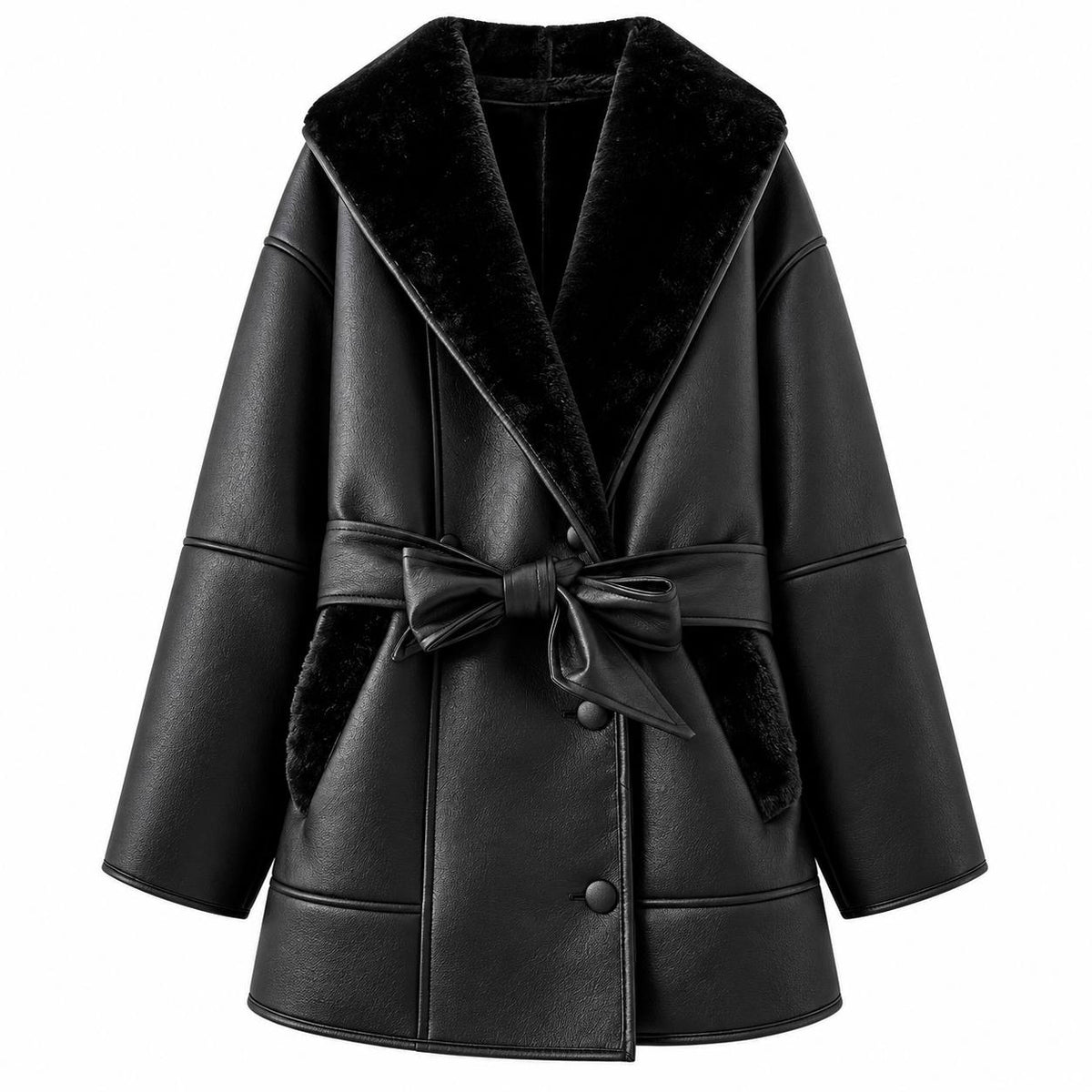 Women's Belted Shearling-Lined Faux-Leather Coat - Black