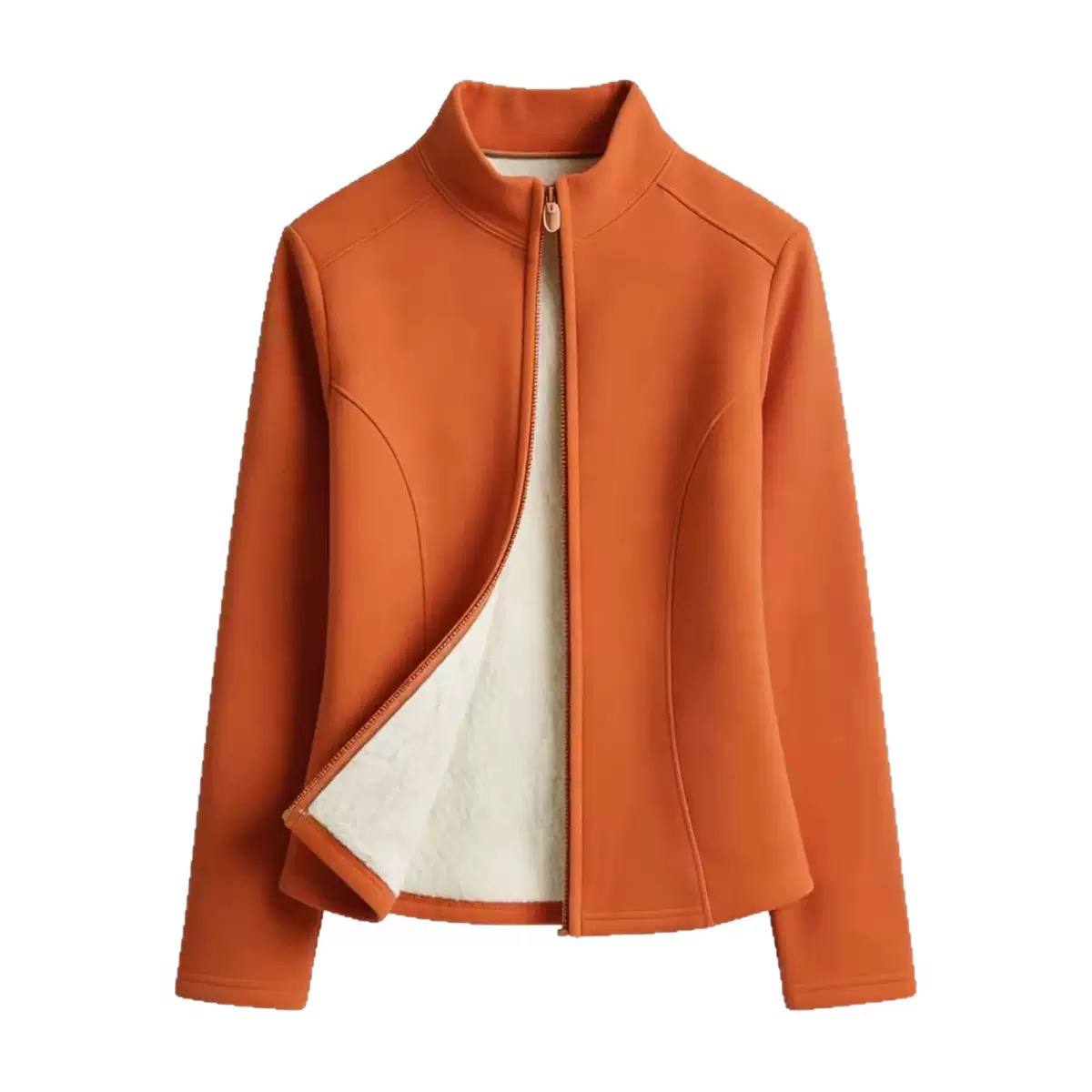 Women's Fleece-Lined Zip-Up Casual Jacket - Orange