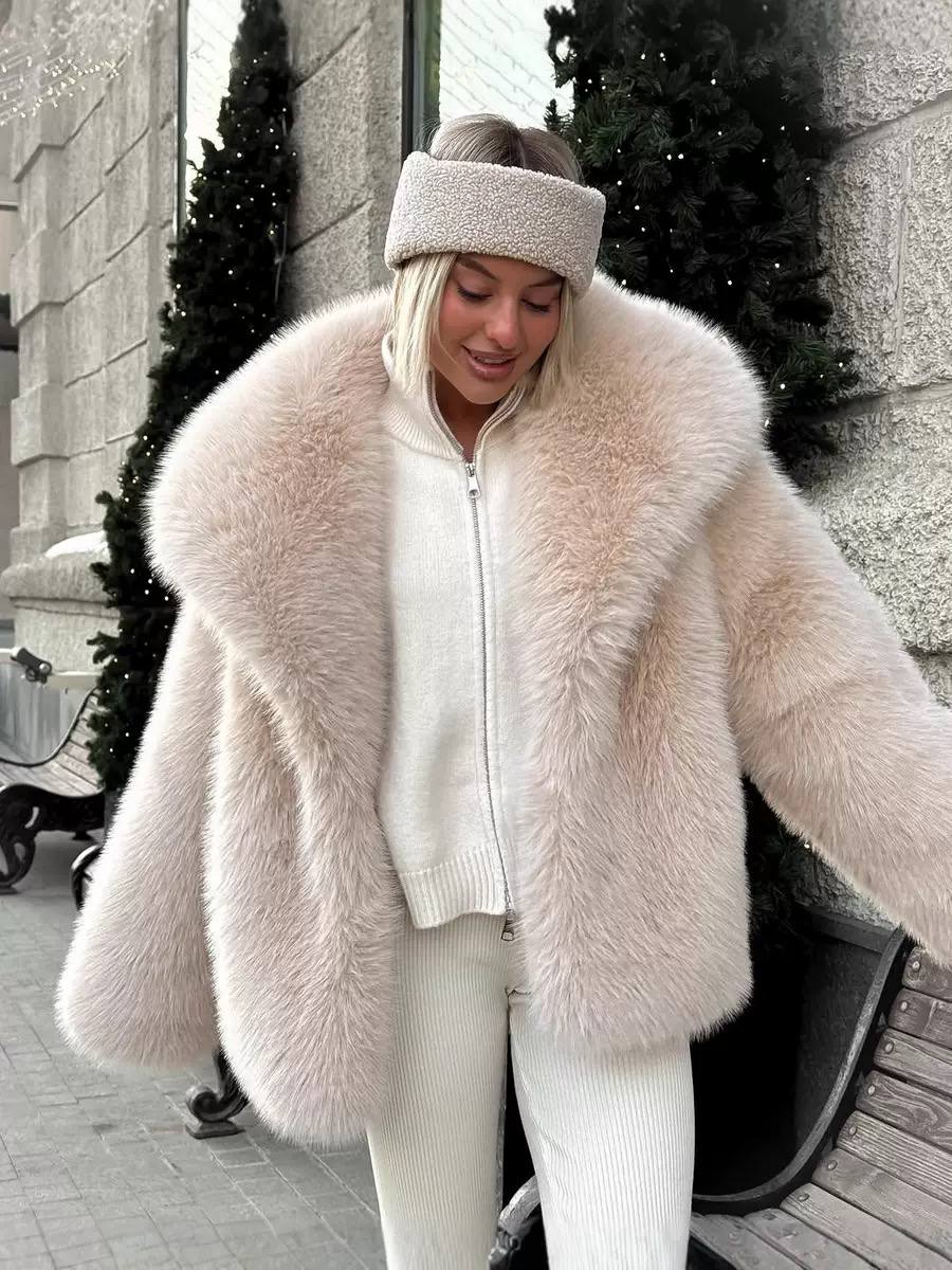Women's Plush Faux-Fur Longline Coat - Cream
