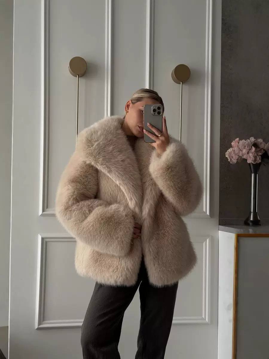 Women's Plush Faux-Fur Longline Coat - Beige