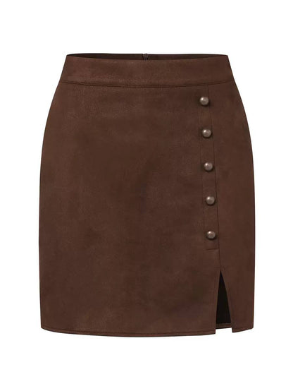Women's Button-Front Suede-Look Midi Skirt - Brown