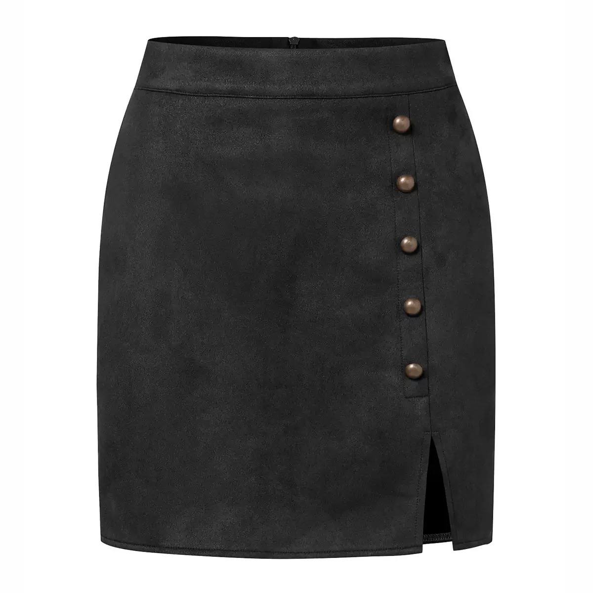 Women's Button-Front Suede-Look Midi Skirt - Black