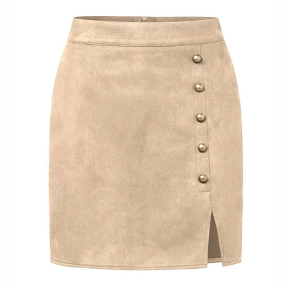 Women's Button-Front Suede-Look Midi Skirt - Beige