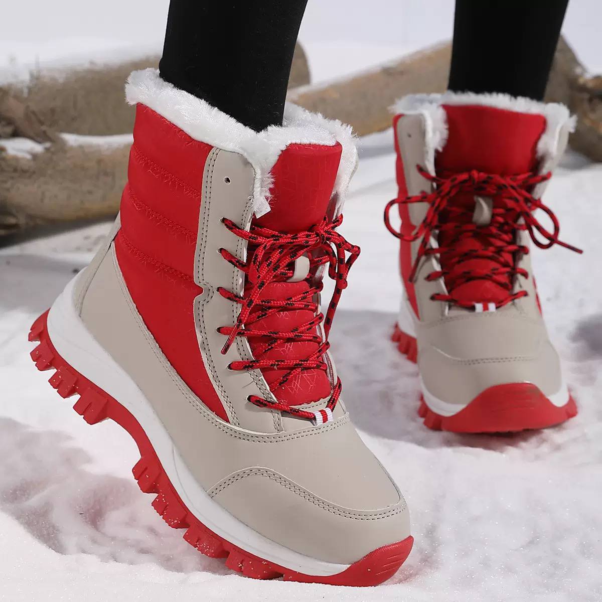 Women's Lace-Up Faux-Fur Winter Boots - Red