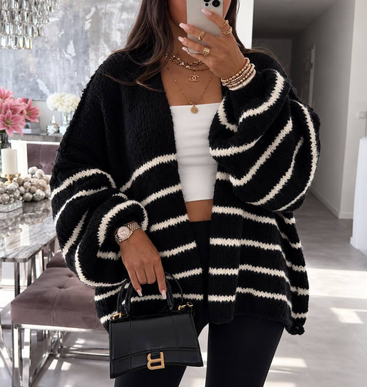 Relaxed Striped Open-Front Knit Cardigan - Black Stripe
