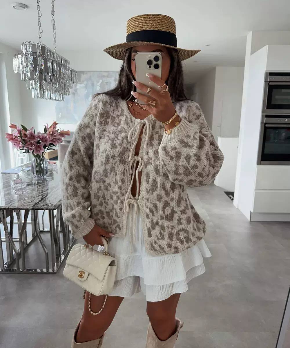 Tie-Neck Animal-Print Ruffle Blouse - Grey Leopard